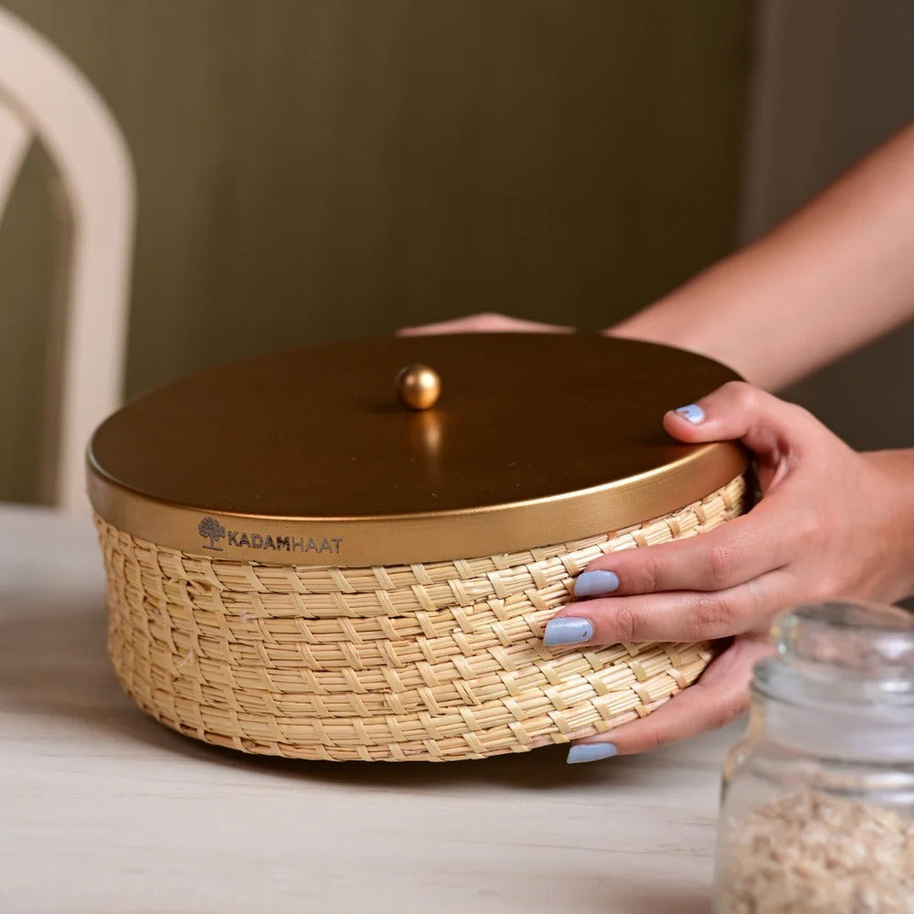 Handmade Sikki Roti Box with Golden Metal Lid - Natural – UrthIndia